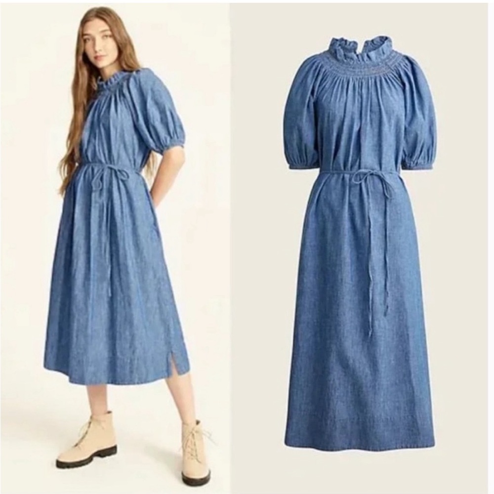 J. Crew Blue Denim Midi Dress with Smocked Neck